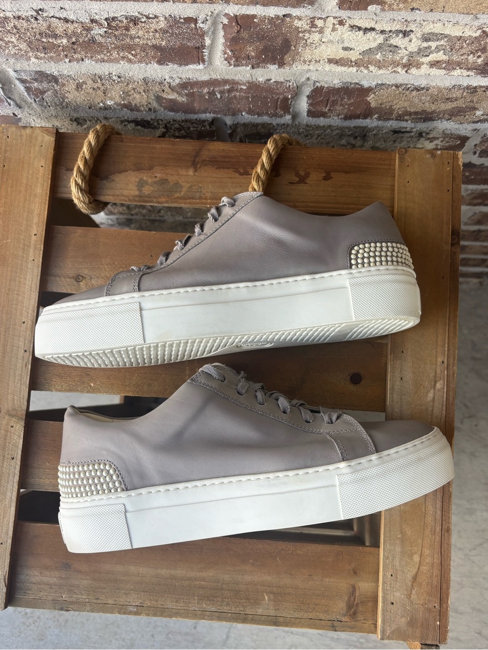 AGL Pearl Studded Leather Platform Sneakers Women’s 11.5 Gray Made in Italy